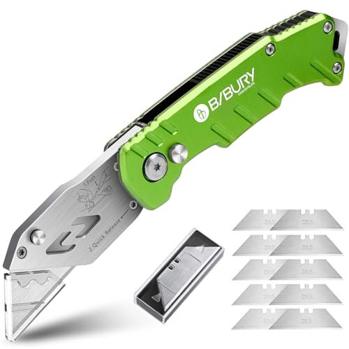 BIBURY Cuchillos Utilitarios, Cuchillo Plegable Portátil, Versión Actualizada Cúter Professional, con 10 Cuchillas de Acero Inoxidable SK5, Clip para Cinturón, Bloqueo de Seguridad Cortador (Verde)