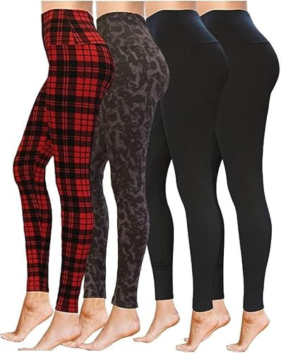 High Waisted Full Length Workout Not See Through Leggings Capri Shorts Soft Stretchy(L-XL, 4 Pack (Vakko, Red Plaid, 2 Black Leggings))
