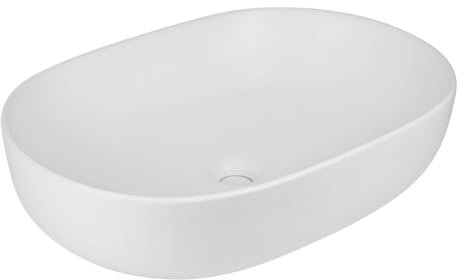 Lavabo Da Appoggio Ceramica Bianco Ovale Arredo Bagno Lavandino 60x40x15 Cm Con Foro Scarico Centrale (Opaco)