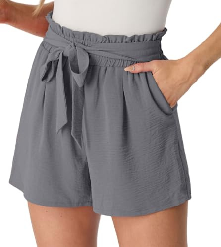 PrinStory Women's Shorts High Waisted Drawstring Elastic Waist Casual Loose Sports, Fitness, Walking, Shopping, Jersey Bermuda Beach Work Shorts (Dark Grey, M)