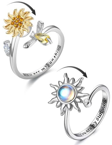 AORHOFJ 2 Stück Silber Anxiety Ring für Damen - Sonnenblume Fidget Achtsamkeitsring, Mondstein Spinner, Verstellbarer Offener Anti-Stress Ring