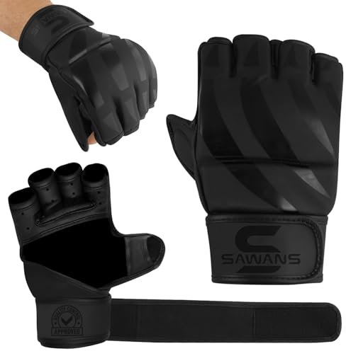 SAWANS MMA Handschuhe, Boxen, Training, Sparring, Kampfsport, offene Handfläche, Kunstleder für Kickboxen, Boxsack, Muay Thai, Käfigkämpfe (Schwarz, S)