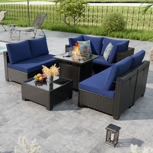 Peacabo Patio Furniture Set with Fire Pit Table, 8 Piece Wicker Outdoor Sectional Set with Thick Cushions, Patio Sofa for Porch Garden Backyard Deck, Coffee/Blue