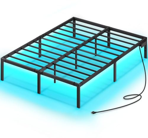 Rolanstar Bett 160x200 cm, Bettgestell mit LED, USB Ladestation, Metallbett, Doppelbett perfekt für Schlafzimmer Gästezimmer