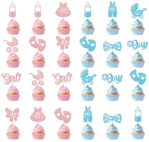 AFCJLTO 24 Pcs Décoration Gateau Baby Shower, Boy Girl Révélateurs Genre Figurines Cake Cupcake Topper, pour Garçon ou Fille pour Fête Prénatale Baptême Anniversaire Fête Filles Garçon (Bleu Rose)