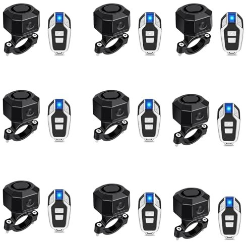 NineLeaf Wiederaufladbarer Fahrradalarm,Scooter-Alarm mit Halterung,Aufladender Fahrradalarm mit Fernbedienung IP65 Wasserdicht Kabelloser Auto-Bewegungssensor-Alarm für Fahrrad E-Bike Motorrad 9Stück