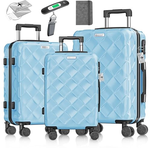 KESSER® Reisekoffer Set 3-teilig | Kofferset ABS Hartschalenkoffer mit Zahlenschloss, Kofferwaage & Reisebrieftasche 360° Rollen | Handgepäck & große Koffer für Business & Reise Trolley Sky Blue