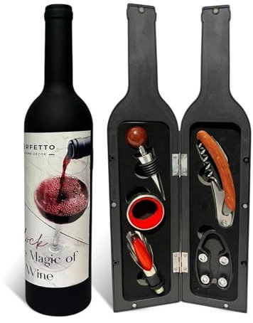 Set di apribottiglie per vino, 5 pezzi, accessori per vino, kit cavatappi, anello salvagoccia, tagliacapsule, versatore e tappo in custodia a forma di bottiglia, regalo perfetto per gli amanti del