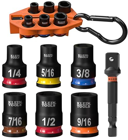 Klein Tools 33808 Grab-And-Go Impact Socket Set, SAE, 7-Piece Set with Sleeve, Carabiner, and 3/8-Inch Drive, Color-Coded 1/4, 5/16, 3/8, 7/16, 1/2, and 9/16-Inch Sockets