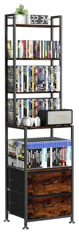 PAPAGIFTREE CD Rack and Storage with Two Drawers, 7-Tier DVD Shelf and Rack, CD Storage Tower and Holder for DVDs, Books and Media Games, Movie Collection and Decor, Ideal for Living Room, Home