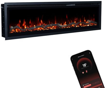 GLOW FIRE Camino elettrico Core 127 con fuoco LED realistico 3D – Camino elettrico da parete con riscaldamento e camino, controllo app, effetto scoppiettante e timer, max. 1800 W, 127 x 35 x 12 cm