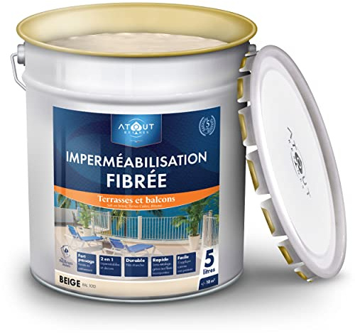 Atout Résines Peinture Résine d'étanchéité fibrée Beige 1013 5L pour dalle extérieur, balcon, terrasse circulable, garage, toiture, prêt a l'emploi, idéal pour le traitement de micro fissure