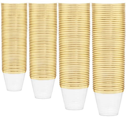 WDF 200 Pack Gold Plastic Cups - 9 Oz Elegant Clear Plastic Cups Gold Rimmed - Fancy Disposable Party Cup Wedding Cup Drinking Tumblers Cocktail Glasses for Thanksgiving