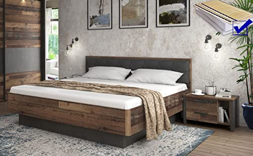 expendio Doppelbett Cedric 91 Old Wood Vintage 180x200 Ehebett mit 2X Nachttisch Rost Matratze Bettgestell Bett Schlafzimmer