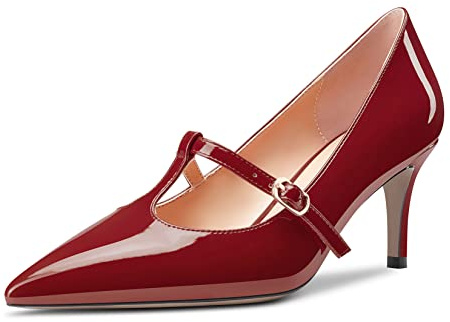 Castamere Donna Spillo Medio Gattini Tacco Heel Chiusa a Punta Slip-on T-Strap Pumps da Matrimonio Feste Dress Scarpe 6.5 CM Heels Borgogna Rosso 38 EU