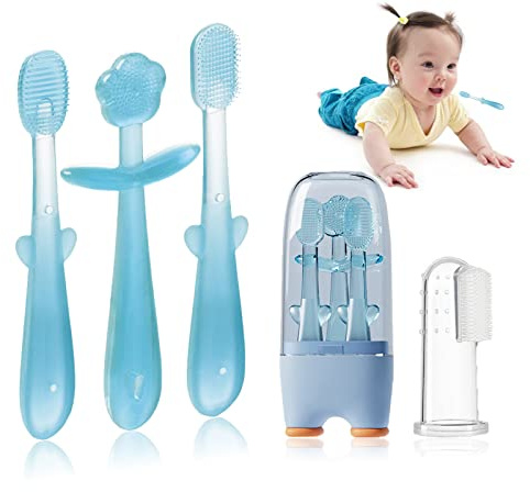 FOKiiBO Baby Silicone Toothbrush Set, Toothbrush + Tongue Brush + Baby Teether + Finger Toothbrush with Cup for Training Teething, 0-18M Infant Toddler Newborn Baby Teeth Brushes (Blue)
