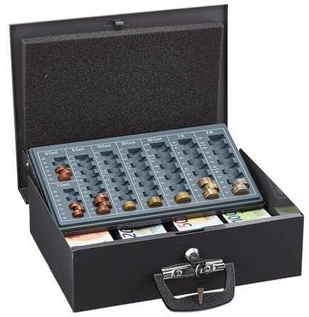 Relaxdays Geldkassette abschließbar, Münzzählbrett & 4 Scheinfächer, Geldkasse Eisen, HxBxT: 11,5 x 36 x 28,5 cm, grau