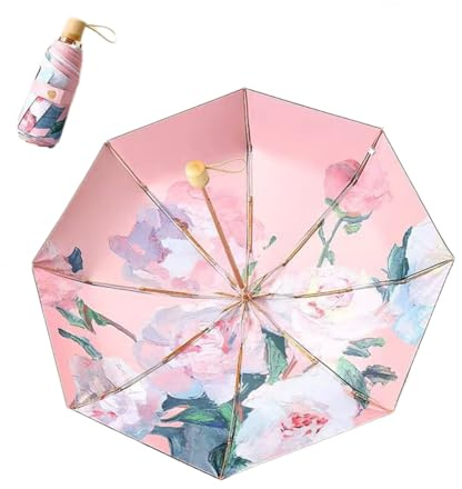 Loudy ZDZ Dual-use Elegant Super Lightweight Manual Compact Travel Folding Umbrella For Rain Wind and Sun, Double-sided Printed Oil Painting Floral Umbrella UV Protection UPF50+