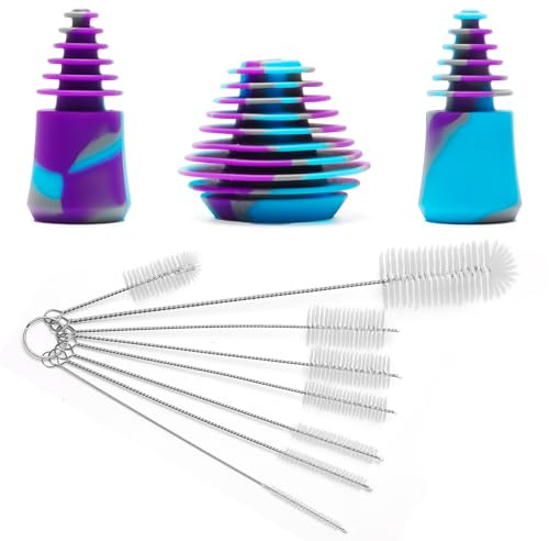 COITEK Silicone Cleaning Plugs, 3PCS Purple Silicone Cleaning Stoppers, with 8PCS Bottle Brushes Set for Cleaning, Storaging, and Odor Proofing Glass Water Pipes, Straw