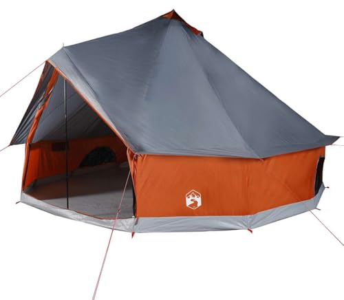 vidaXL Tipi Familienzelt 6 Personen, Campingzelt mit Netzwände, Wasserdicht Tipizelt mit E-Anschluss, Gartenzelt, Grau Orange 185T Polyester
