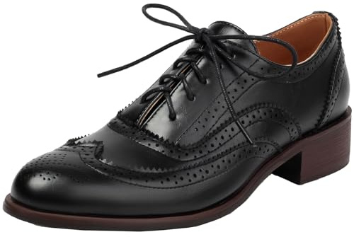 Onewus Zapatos Oxford de tacón bajo y cierre de cordones para mujer, estilo retro casual, Negro , 36 EU