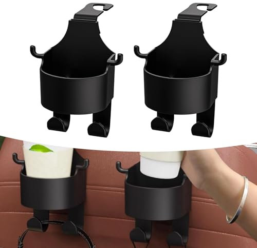 Crynod 2 PCS Car Seat Back Cup Holder, 4.52 x 5.66 PP Stable Structure Storage Bracket with 3.58/2.4 Hook, Multi-function Portable Rear Hanging Accessory, Suitable for Most Car Models (Black)