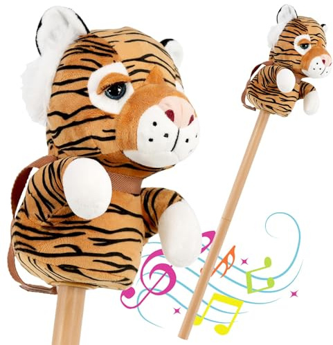The Magic Toy Shop Hobby Horse on a Stick with Tiger Design and Sounds for Kids - Two-Piece Stick, Easy Assembly, Realistic Tiger Sounds - Tiger Plush Head Toy for Boys and Girls