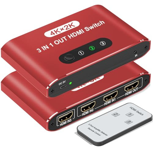 HDMI Switch 3 In 1 Out, 4K@60Hz HDMI Switcher Selector with Remote Control, Supports 4K 3D HD Monitor, Compatible with Laptop/PC/DVD Blu-Ray/PS5/PS4/Xbox/HDTV/Roku TV PC and More(Red)