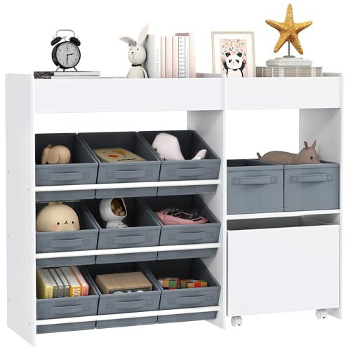 AIYAPLAY Kinderregal mit 11 Aufbewahrungsboxen Bücherregal für Kinder Spielzeug-Organizer Kinderzimmerregal mit oberen Fächern, 3 Stickern für Kinderzimmer, Kindergarten 105 x 30 x 80 cm, Weiß