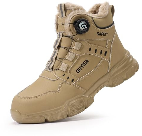 GemChve Arbeitsschuhe Herren Damen Winter, Sicherheitsschuhe Gefüttert wasserdichte, Sicherheitsstiefel Stahlkappenschuhe, rutschfeste warme Schnellverschluss Selbsthemmend Brown 46 EU