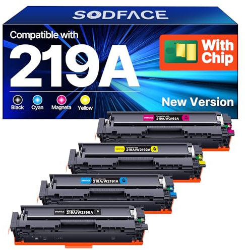 SODFACE 219A (with Chip) Toner Cartridges Compatible for HP 219X 219A Toner for Color Laserjet Pro MFP 3302FDW 3302FDWG 3202DW 3302DN 3302FDN 3302SDWG 3302FDNG (Black Cyan Yellow Magenta, 4-Pack)