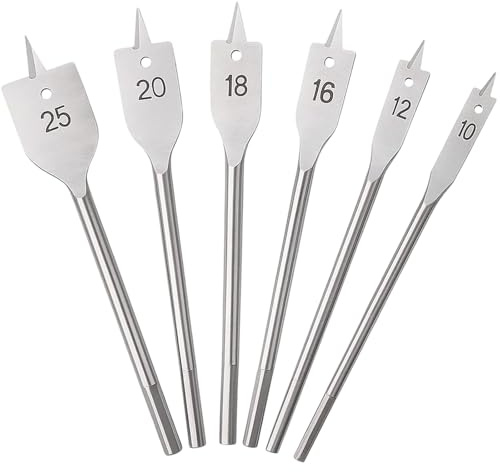6PCS Spade Drill Bits Set for Woodworking,Carbon Steel Heavy Duty Hex Shank Paddle Bit Tools Woodworking Drilling Flat Bits Kit for Plywood Chipboard Cuts, Ø 10/12/ 16/18/ 20/ 25mm