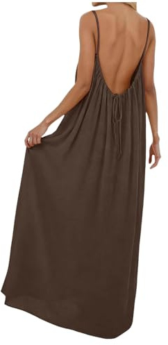 NerYuo - Vestido de verano para mujer, medio largo, con tirantes de espagueti, sin mangas, diseño de espalda sin mangas, color liso, largo lino, vestidos de verano sexy para vacaciones y ocio