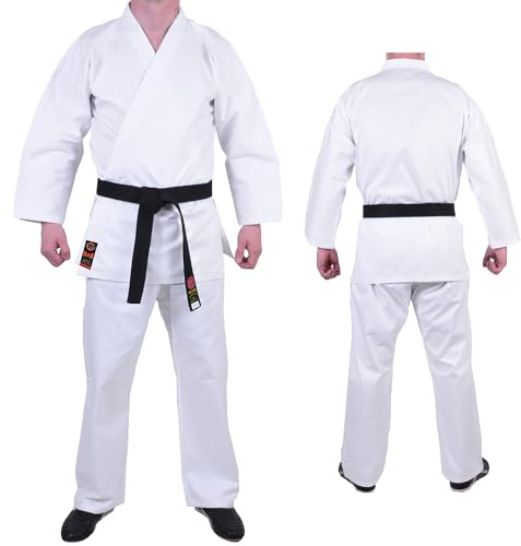 QMA | Traditional White Karate Gi Uniform for Adults & Kids | Lightweight 7.5oz Poly-Cotton Martial Arts Training & Sparring Suit Elasticated Waist Trousers Free White Belt Size 140cm
