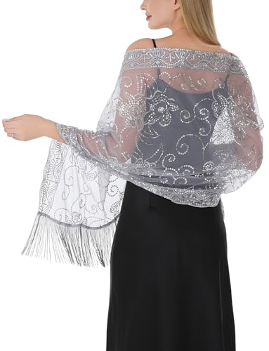 SEAUR Women's Sequin Fringe Shawl Sparkly Sheer Mesh Wraps for Evening Dresses Wedding 1920s Gatsby Cape Formal Party