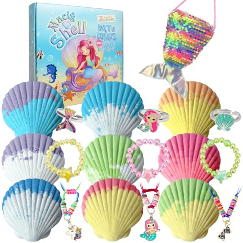 Skin-Safe Magic Shell Bath Bombs for Kids with Surprise Jewelrys Inside, 9 Extra Large Bath Salts with Calming and Long Lasting Scent, Natural Bubble Bath Bombs for Girls Sensitive Skin