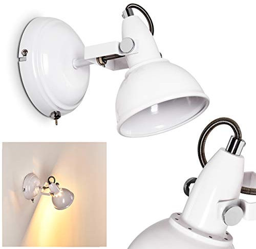 Lampada da parete Tina, lampada da parete regolabile in metallo di colore bianco, 1 luce, E14, spot da parete dal design retrò/vintage con interruttore on/off sull'alloggiamento, senza lampadina/e