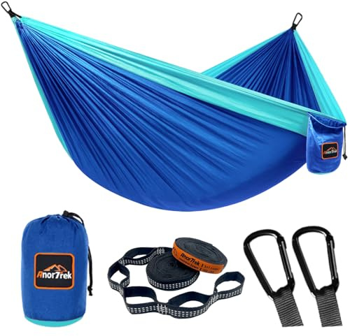 AnorTrek Camping Hammock, Super Lightweight Portable Parachute Hammock with Two Tree Straps Single or Double Nylon Travel Tree Hammocks for Camping Backpacking Hiking Blue&sky Blue