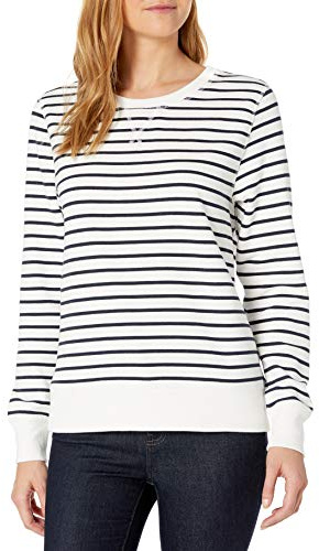 Amazon Essentials Felpa in Pile Girocollo (Disponibile in Taglie Forti) Donna, Blu Marino Bianco Righe Orizzontali, L