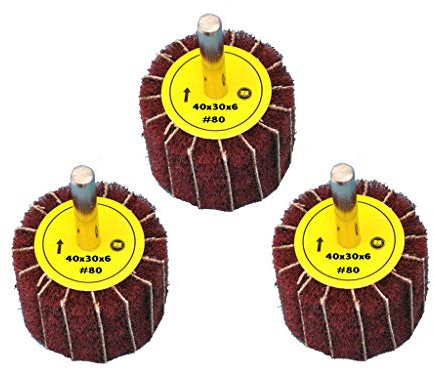 3 Stück Fächerschleifer mit Vlies-Gewebekombination 40mmx30mm, 6mm Einspannschaft, Körnung: 80 - Schleifmopstift, Lamellenschleifer, Schleifmop Schleifvlies, Lamellenrad mit Schaft.