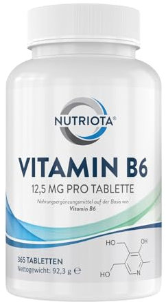 Vitamin B6 12,5mg | 365 hochwirksame vegane Tabletten | Trägt zu einem gesunden Stoffwechsel, einer normalen Funktion des Nerven- und Immunsystems bei | Trägt zum Abbau von Müdigkeit bei Von Nutriota