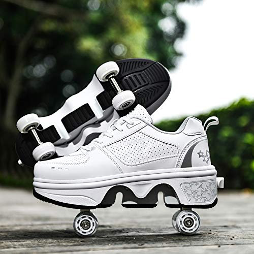 JTKDL Rollschuhe Damen, 2 In 1 Inline Skates Kinder, Schuhe Mit Rollen Skateboardschuhe, Verstellbare Quad Skate Rollerskates Skating Sneakers Geschenke Für Kinder,Silver-EU37/UK4