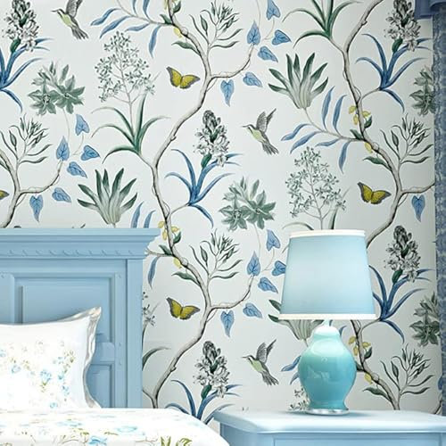 10X0.53M Blue American Country Flowers Birds Butterfly Textured Non-Woven Wallpaper Roll for Bedroom Livingroom 1.73' W x 32.8' L=5.3㎡ (57sq.ft) …