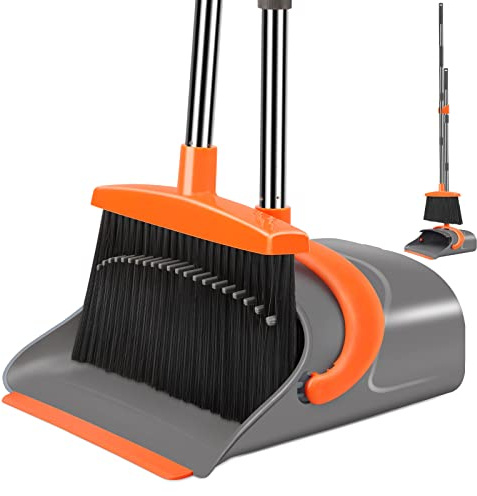 Ivandar Broom and Dustpan Set for Home, Broom and Dustpan Combo for Office, Long Handle Broom with Upright Standing Dust pan,Indoor&Outdoor Sweeping (Gray&Orange)