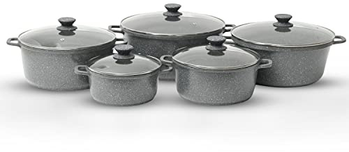 Royalford 5Pcs Die-Cast Aluminium Stockpot Set with Glass Lids - Induction Safe Non-Stick Casserole Set - Granite Coating Cookware Pots - Large Cooking Stockpot - Suitable for Most Types of Hobs
