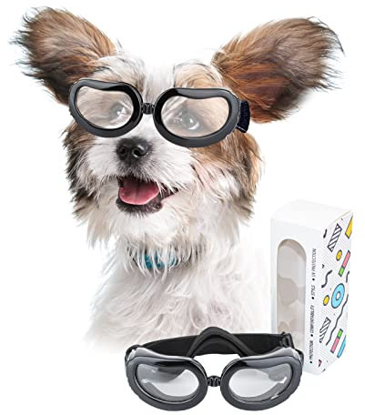 Namsan Hundebrille für Kleine Hunde - Anti-UV Schutzbrille mit Wind-, Wasser- und Schneeschutz - Wasserdichter Einstellbarer Rahmen - Cartoon Design - Clear