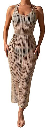 KOEMCY Copricostume Donna Mare Sexy Uncinetto Hollow out Senza Maniche Vestito da Spiaggia Lunghi con Spacco Laterale Copricostumi da Bagno Bikini Cover Up (Cachi)