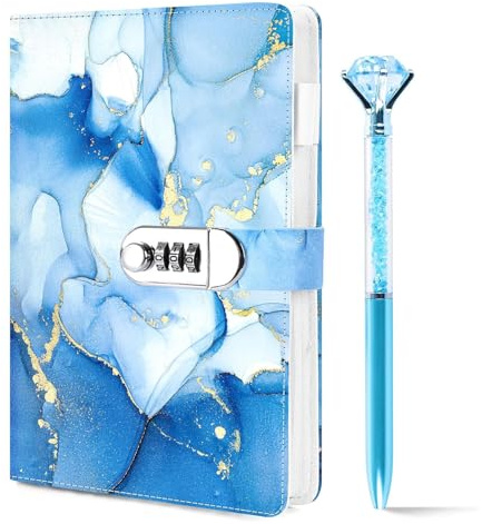 Koogel Diary With Lock Password Book A5 Lockable Journal 120 Sheets Blue Marble PU Leather With Matching Pen for Teen Gift Student