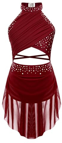 FEESHOW Girls Shiny Ballet Dress for Jazz Latin Lyrical Dance Costume Backless Gymnastics Leotard with Flowy Skirt Dancewear Burgundy 11-12 Years