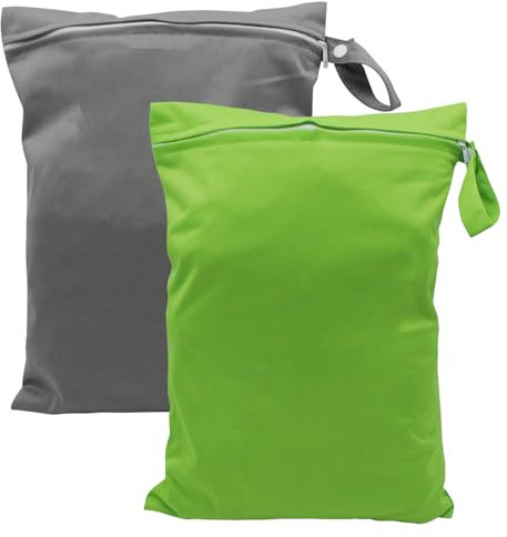 TETEWEVER 2 sacchetti per bagnato, 30 x 40 cm, riutilizzabili, impermeabili, con chiusura lampo, per costumi da bagno, spiaggia, abbigliamento sportivo (grigio e verde), Grigio + verde
